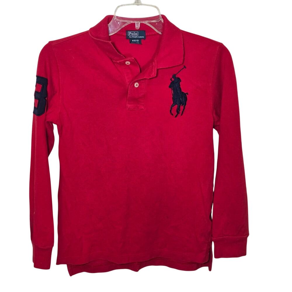 Ralph Lauren Rugby Shirt Big Pony Boys Size 10-12 Red Blue Long Sleeve Cotton